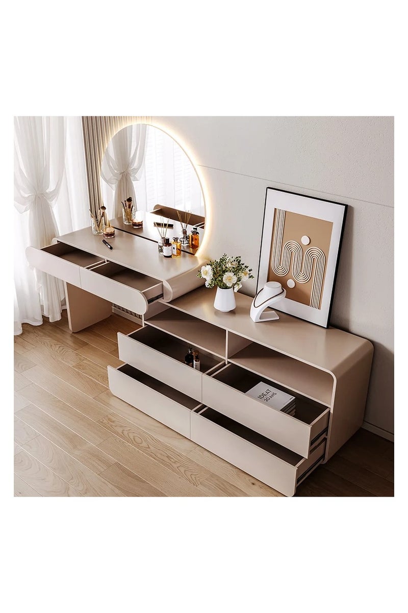 أيه دابليو دي طقم تسريحة عصري بلون كريمي مع مرآة LED مضيئة وكرسي مبطّن – طاولة مكياج بتخزين أدراج ورفوف مفتوحة – تصميم مودرن لغرفة النوم - Image 2