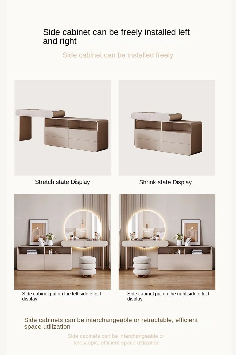 أيه دابليو دي طقم تسريحة عصري بلون كريمي مع مرآة LED مضيئة وكرسي مبطّن – طاولة مكياج بتخزين أدراج ورفوف مفتوحة – تصميم مودرن لغرفة النوم - Image 4