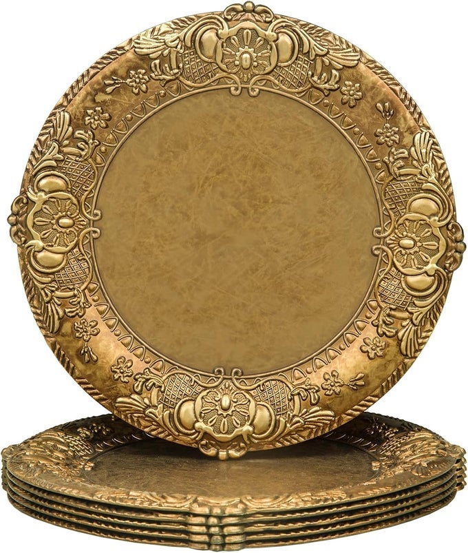 13 ANTIQUE GOLD CHARGER PLATES PLATE CHARGERS WITH EMBOSSED RIM ROUND PLASTIC CHARGER PLATES FOR WEDDING TABLE DECOR SET OF 6