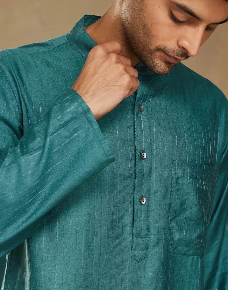 Fabindia  Teal Viscose Blend Dobby Slim Fit Long Kurta for Men | Best Price UAE
