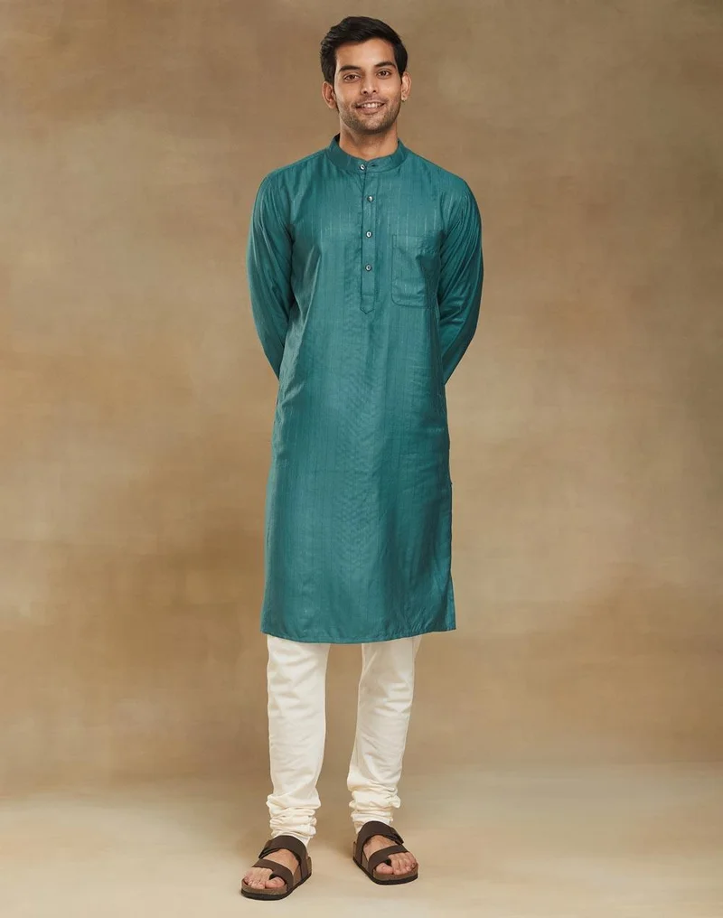 فاب انديا Teal Viscose Blend Dobby Slim Fit Long Kurta