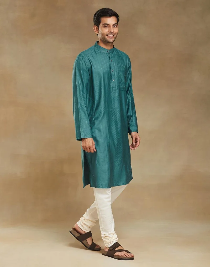 Fabindia  Teal Viscose Blend Dobby Slim Fit Long Kurta for Men | Best Price UAE