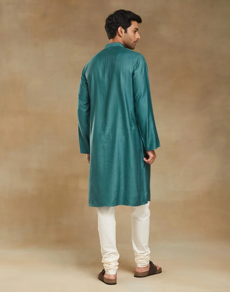 Fabindia  Teal Viscose Blend Dobby Slim Fit Long Kurta for Men | Best Price UAE