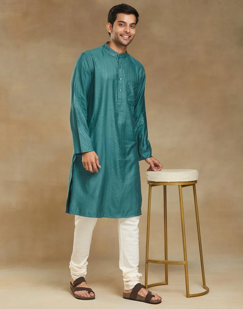 فاب انديا Teal Viscose Blend Dobby Slim Fit Long Kurta