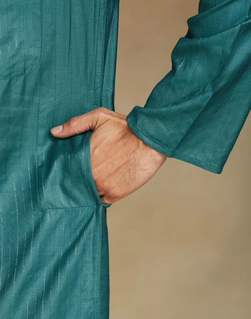 Fabindia  Teal Viscose Blend Dobby Slim Fit Long Kurta for Men | Best Price UAE
