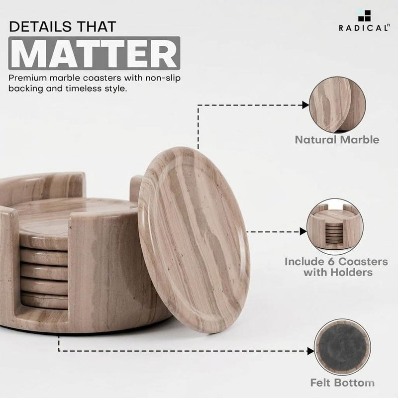RADICALn Marble Coasters Set of 6 Handmade 3.5" Inch Wood Round Coasters for Drinks, Coaster Set with Holder for Dining Tables - Image 5