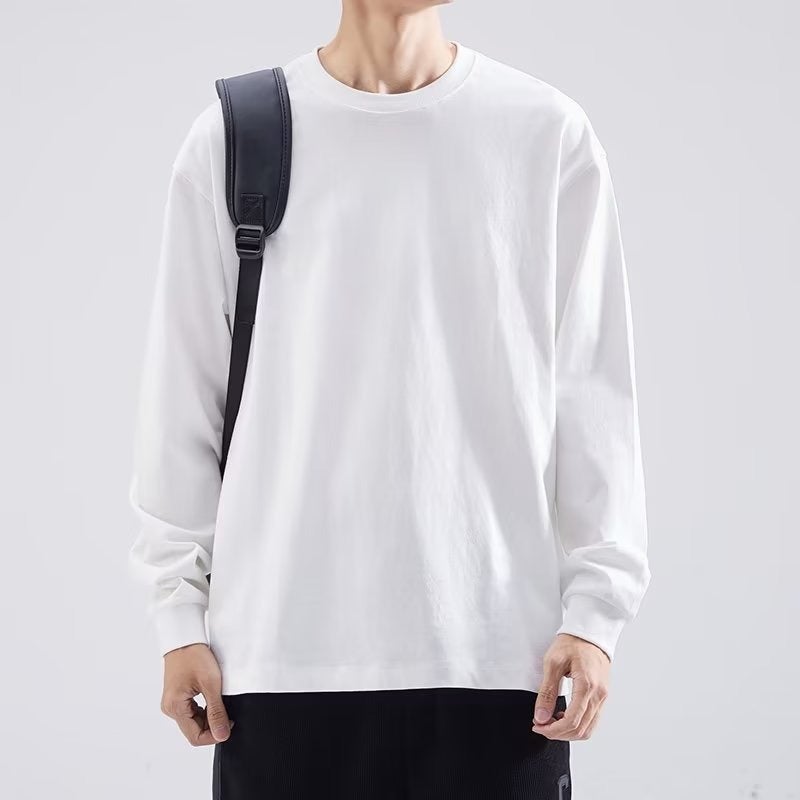 Heavy Long-Sleeved T-Shirt Men'S Solid Color Loose Casual Sweater Round Neck White Undershirt Men'S - Image 1