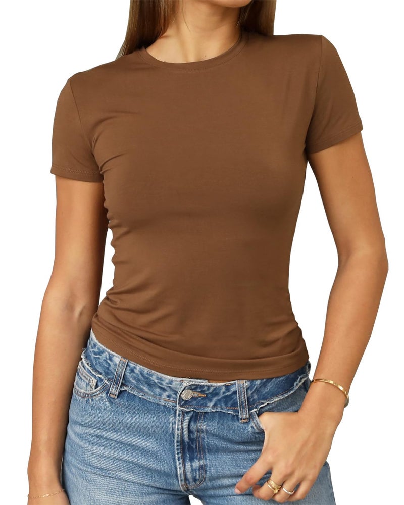 Abardsion Women's Casual Basic Going Out Crop Tops Slim Fit Short Sleeve Crew Neck Tight T Shirts 2026 (Brown, S) - Image 1