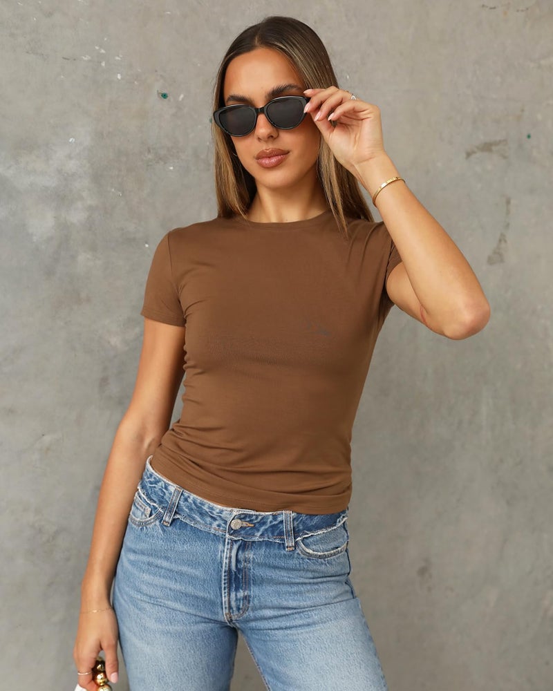 Abardsion Women's Casual Basic Going Out Crop Tops Slim Fit Short Sleeve Crew Neck Tight T Shirts 2026 (Brown, S) - Image 2