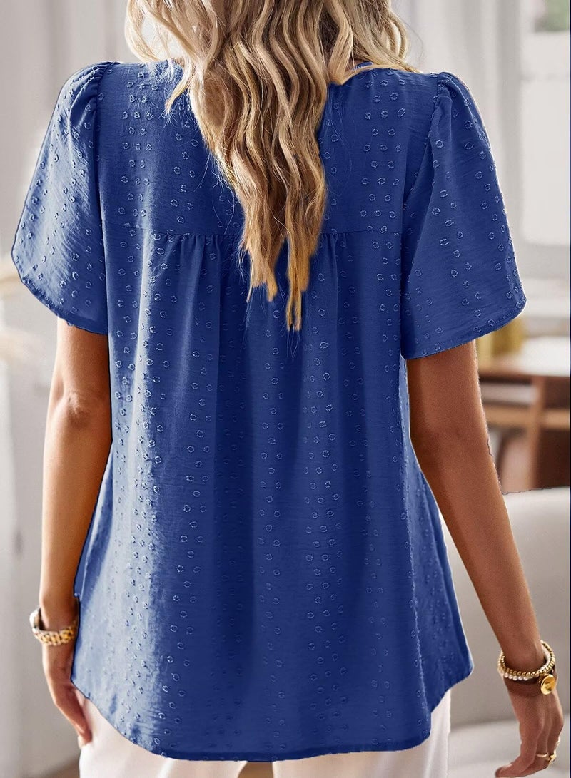 Falechay Boho Tops for Women Round Neck Tunic Tops for Women Loose Fit Royal Blue Shirts Pom Pom Swiss Dot Short Sleeve Summer Blouses Clothes L - Image 3