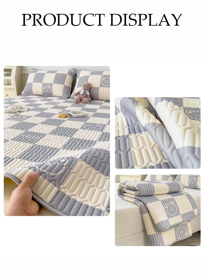 3-Piece of Ice Silk Cooling Bedding Set,Extreme Heat Cooling Bedding Set,Anti-Slip Latex Cool Silk Bed Cover with 2 Pillowcases,Latex Mattress Pad for Summer Heat,Breathable Sheets,Night Sweat Relief,Gray White Checkered Bear Pattern，180*200CM