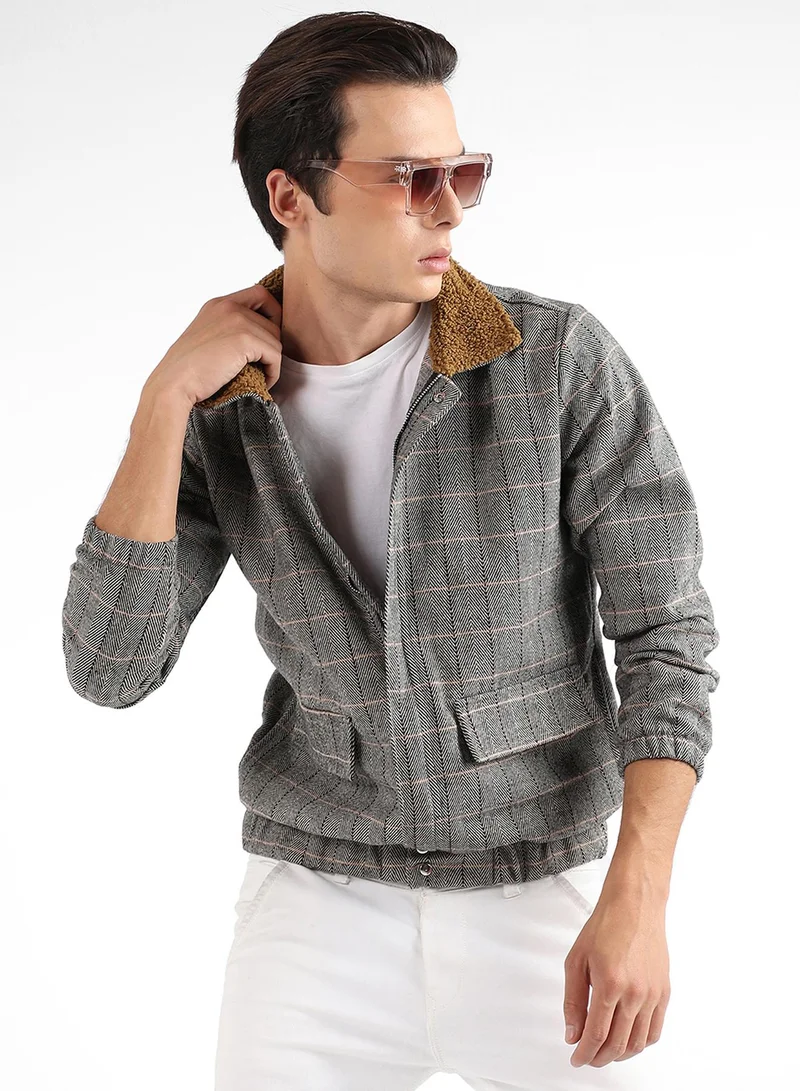 Men's Midnight Black:Cream White Zip-Front Herringbone Jacket