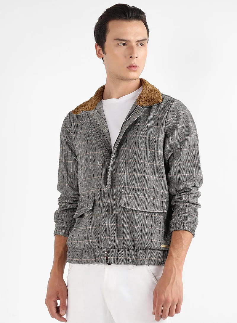Campus Sutra Men's Midnight Black:Cream White Zip-Front Herringbone Jacket