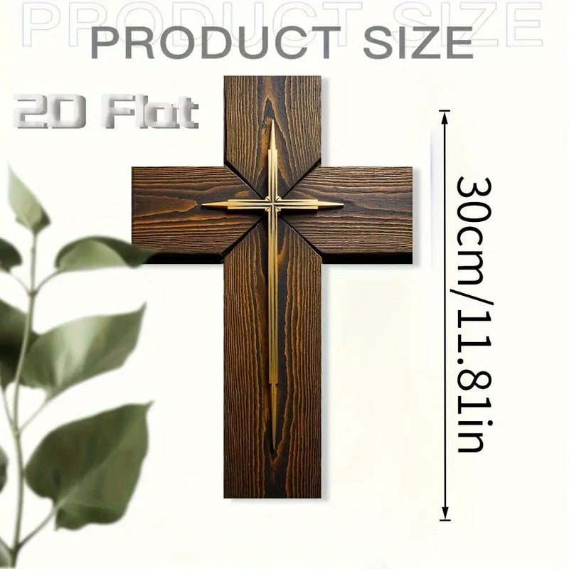 Vintage Wooden Cross Wall Decor With Golden Accent 2D Flat - Image 4