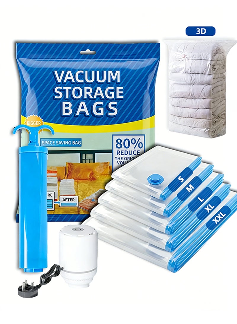 أكياس تخزين مفرغة من الهواء، 22 قطعة (3 صغيرة/3 متوسطة/5 كبيرة/5 موسعة/2 كبيرة جدًا/2 ثلاثية الأبعاد/2 مضخة) أكياس تخزين قابلة لإعادة الاستخدام للسفر، مضغوطة، لتخزين الملابس والألحفة والبطانيات - أكياس موفرة للمساحة مع مضخة يدوية ومضخة كهربائية - Image 1