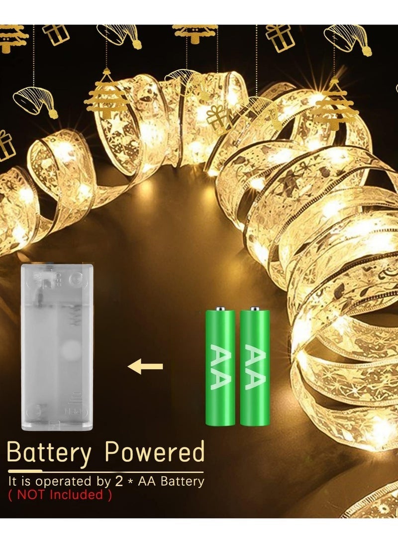 Arabest 10M Christmas Tree Ribbon Lights with 100 LED, Double Layer Copper Wire Ribbon Bows for Holiday Decorations, Battery Powered Gold with Warm White Light for Christmas Tree, Garden, and Party Decor - Image 2