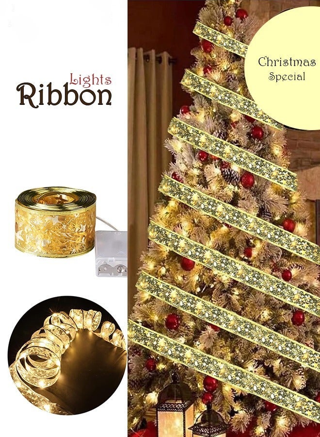 Arabest 10M Christmas Tree Ribbon Lights with 100 LED, Double Layer Copper Wire Ribbon Bows for Holiday Decorations, Battery Powered Gold with Warm White Light for Christmas Tree, Garden, and Party Decor - Image 1