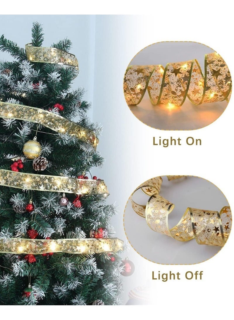 Arabest 10M Christmas Tree Ribbon Lights with 100 LED, Double Layer Copper Wire Ribbon Bows for Holiday Decorations, Battery Powered Gold with Warm White Light for Christmas Tree, Garden, and Party Decor - Image 5