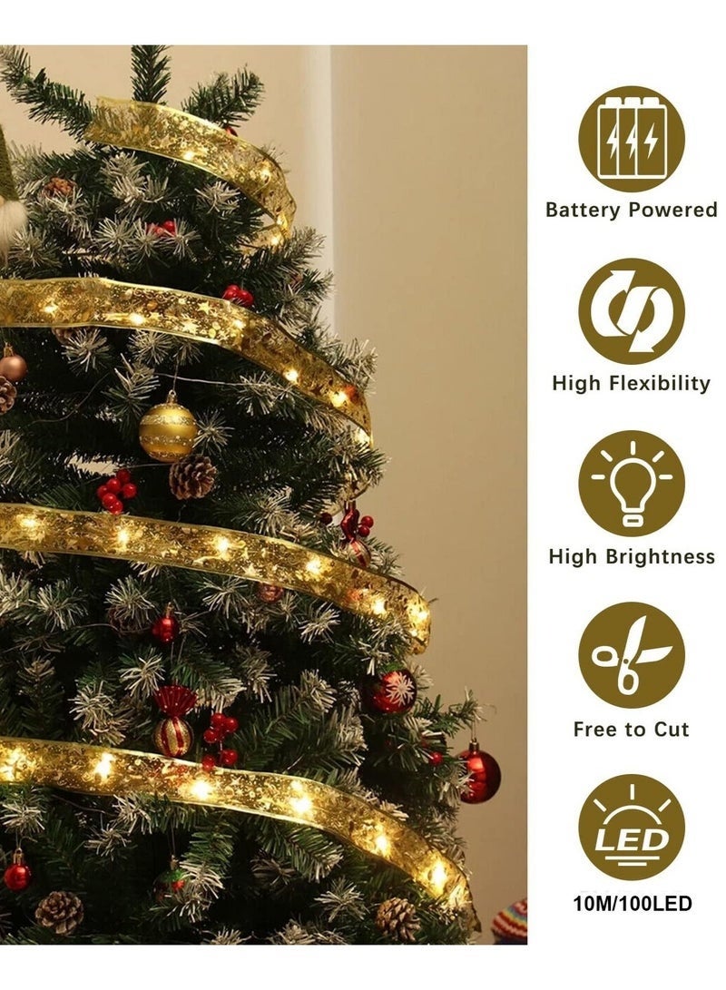 Arabest 10M Christmas Tree Ribbon Lights with 100 LED, Double Layer Copper Wire Ribbon Bows for Holiday Decorations, Battery Powered Gold with Warm White Light for Christmas Tree, Garden, and Party Decor - Image 3