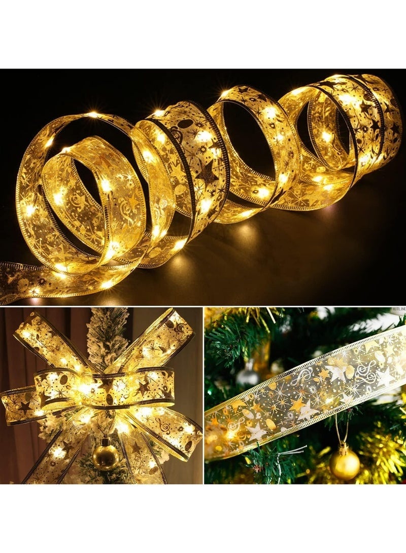 Arabest 10M Christmas Tree Ribbon Lights with 100 LED, Double Layer Copper Wire Ribbon Bows for Holiday Decorations, Battery Powered Gold with Warm White Light for Christmas Tree, Garden, and Party Decor - Image 4