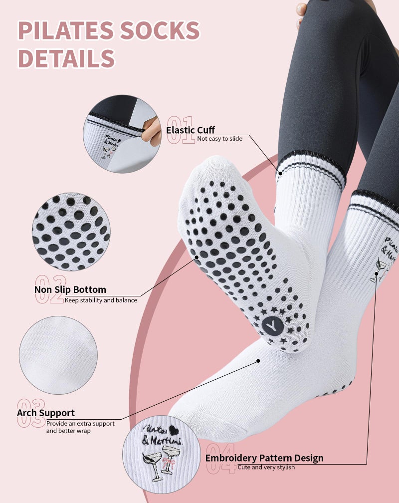 Yawlsow Pilates Grip Socks for Women Yoga Grippy Socks Cute Barre Non Skid Athletic Crew Sticky Sock Workout Hospital (US, Alpha, One Size, Regular, Regular, 1 Pack-Black-Martini) - Image 4