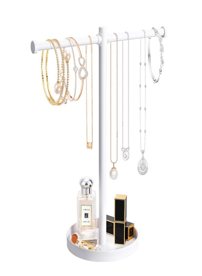 bodkar Jewelry Necklace Organizer Stand,12.9" Tall Sturdy Metal Jewelry Stand with Round Tray for Bracelet Bangles Holder Display,Long Necklace Organizer Holder (white) - Image 1