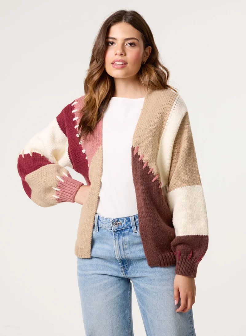 Blanket Stitch Detailed Colourblock Cardigan