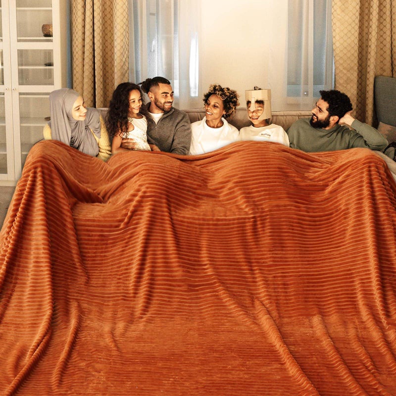 Bnuitland Bnuitland Orange Flannel Throw Blanket (90X90 inches) with Storage Pouch 300GSM Super Soft Fleece Stripe Pattern Sofa Blanket for Adults  Lightweight Cozy Bed Throw for Home Decor All Season  - Image 1