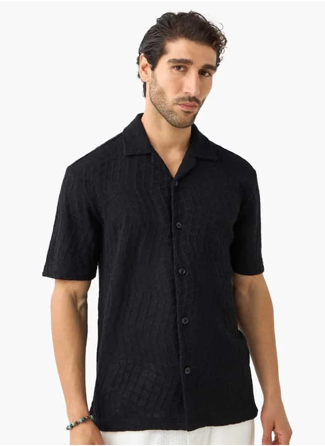 ايكونيك Iconic Textured Camp Collar Shirt with Short Sleeves