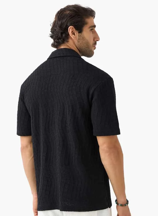 Iconic Iconic Textured Camp Collar Shirt with Short Sleeves