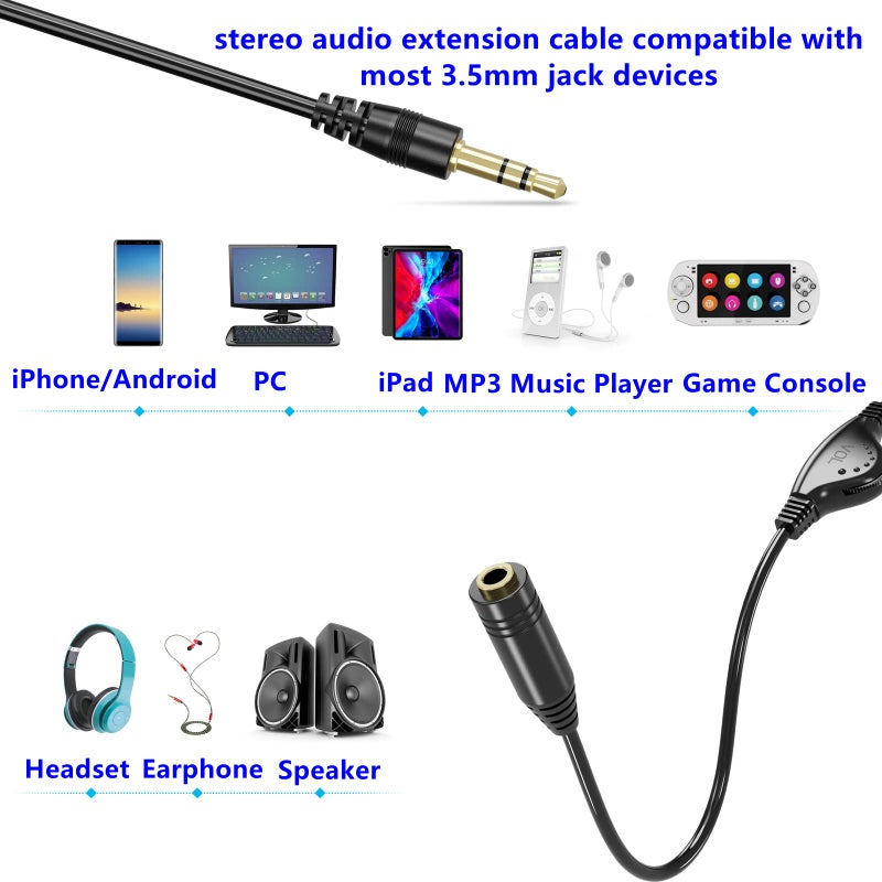 PChero 3.5mm Male to Female Stereo Audio Extension Adapter Cable with Volume Adjustment Control - 10inch - Image 5