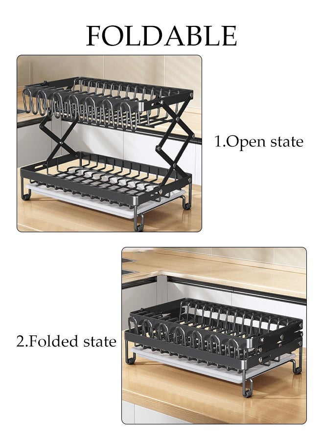 DUNISO 2 Tier Dish Drainer Rack with Drip Tray Foldable Carbon Steel Kitchen Drain Rack with Utensil Holder and Chopping Board Bracket Double-Layer Tableware Storage Rack for Tableware, Cups, Cutlery, Spoons  - Image 3