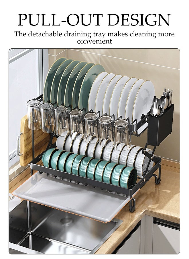DUNISO 2 Tier Dish Drainer Rack with Drip Tray Foldable Carbon Steel Kitchen Drain Rack with Utensil Holder and Chopping Board Bracket Double-Layer Tableware Storage Rack for Tableware, Cups, Cutlery, Spoons  - Image 2