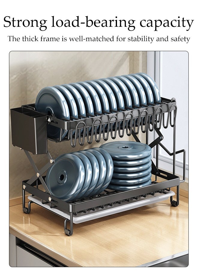 DUNISO 2 Tier Dish Drainer Rack with Drip Tray Foldable Carbon Steel Kitchen Drain Rack with Utensil Holder and Chopping Board Bracket Double-Layer Tableware Storage Rack for Tableware, Cups, Cutlery, Spoons  - Image 5