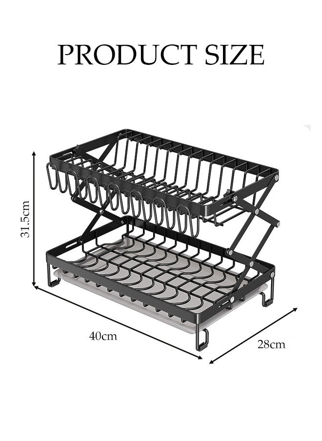 DUNISO 2 Tier Dish Drainer Rack with Drip Tray Foldable Carbon Steel Kitchen Drain Rack with Utensil Holder and Chopping Board Bracket Double-Layer Tableware Storage Rack for Tableware, Cups, Cutlery, Spoons  - Image 4