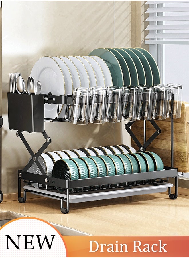 DUNISO 2 Tier Dish Drainer Rack with Drip Tray Foldable Carbon Steel Kitchen Drain Rack with Utensil Holder and Chopping Board Bracket Double-Layer Tableware Storage Rack for Tableware, Cups, Cutlery, Spoons  - Image 1