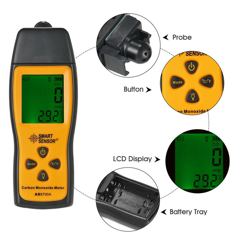 SMART SENSOR Handheld Carbon Monoxide Meter with High Precision CO Gas Tester Monitor Detector Gauge LCD Display Sound and Light Alarm 0-1000ppm - Image 3