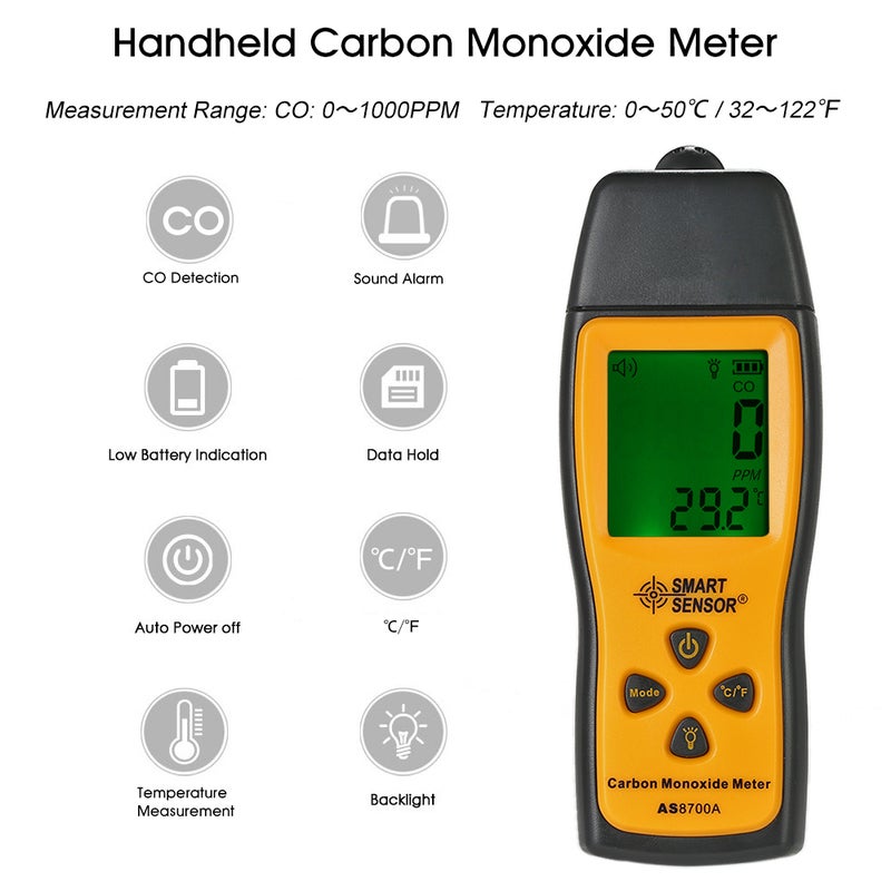 SMART SENSOR Handheld Carbon Monoxide Meter with High Precision CO Gas Tester Monitor Detector Gauge LCD Display Sound and Light Alarm 0-1000ppm - Image 2