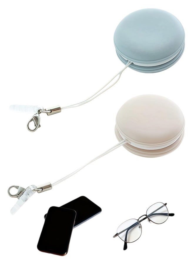 [2-Pack] Mobile Phone Screen Cleaning Tool & Port Plug – Portable Screen Cleaner (Medal-Shaped) for Eyeglasses, Phones, Tablets, and Lenses – Reusable & Washable, Cute Design with Wrist Strap (Khaki + Blue) - Image 1