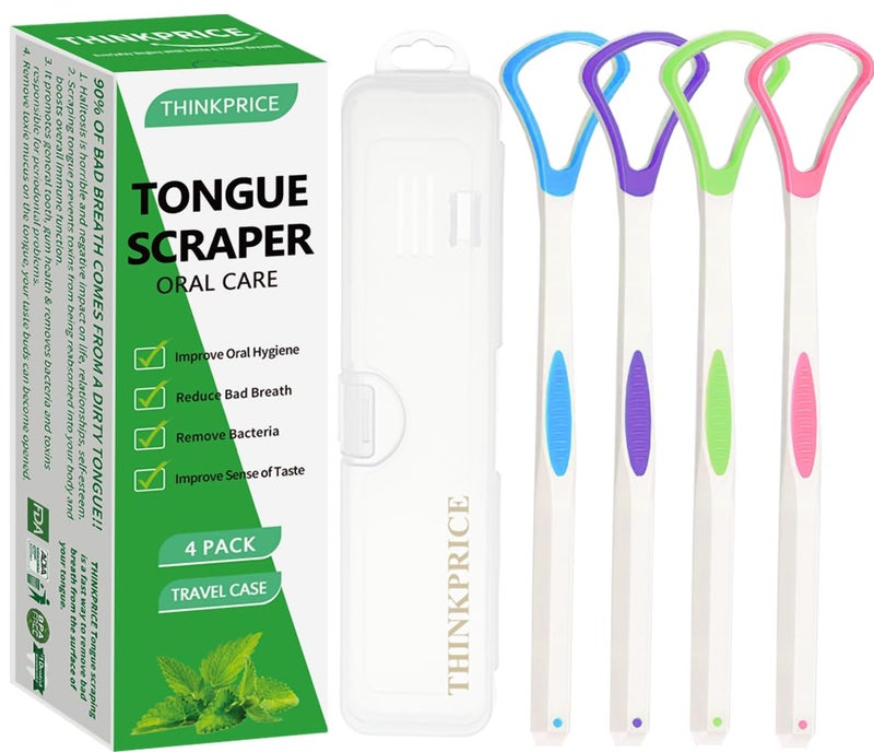 THINKPRICE Tongue Scraper Cleaner 100% BPA Free Tongue Scrapers with Travel Handy Case for Adults, Kids, Healthy Oral Care, Easy to Use, Help Fight Bad Breath (4 PACK) - Image 1
