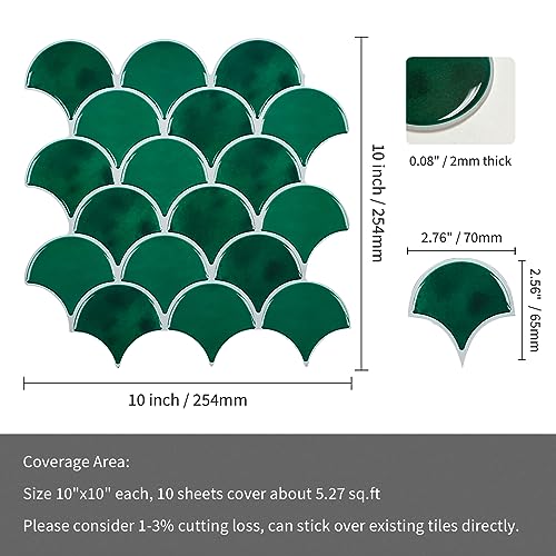 Homeart Fish Scale Peel and Stick Wall Tile, Emerald Green Backsplash Removable Scallop Mosaic Kitchen Backsplash 3D Self Adhesive Stick on Wall Tiles (10 Sheets) - Image 2