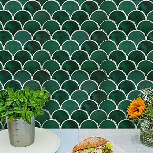 Homeart Fish Scale Peel and Stick Wall Tile, Emerald Green Backsplash Removable Scallop Mosaic Kitchen Backsplash 3D Self Adhesive Stick on Wall Tiles (10 Sheets) - Image 3