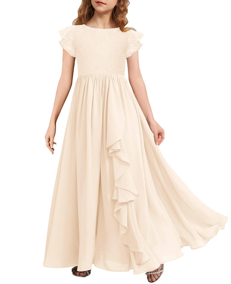MITILLY Girls Lace Flower Maxi Dress Ruffle Sleeve A-Line Flowy Junior Bridesmaid Chiffon Dresses for Wedding Party 12 Years Cream - Image 1