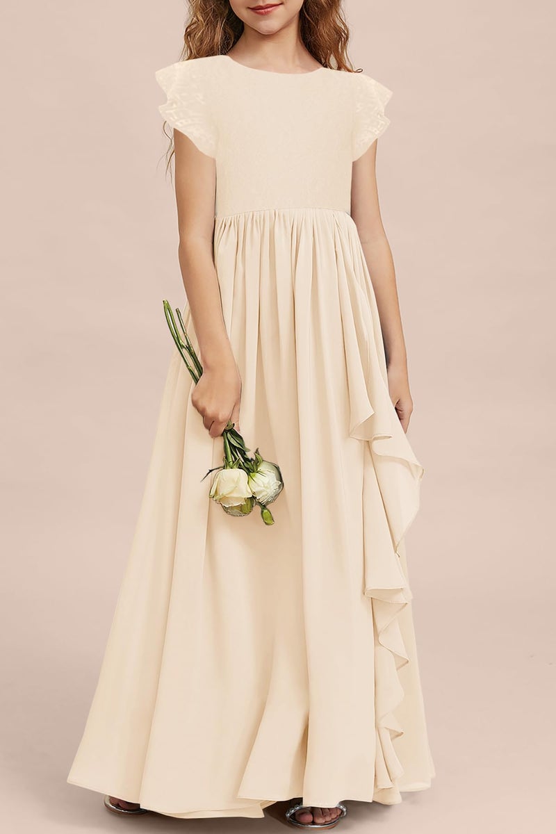 MITILLY Girls Lace Flower Maxi Dress Ruffle Sleeve A-Line Flowy Junior Bridesmaid Chiffon Dresses for Wedding Party 12 Years Cream - Image 2
