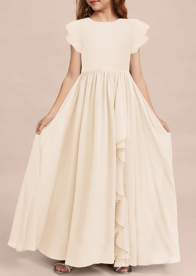 MITILLY Girls Lace Flower Maxi Dress Ruffle Sleeve A-Line Flowy Junior Bridesmaid Chiffon Dresses for Wedding Party 12 Years Cream - Image 3