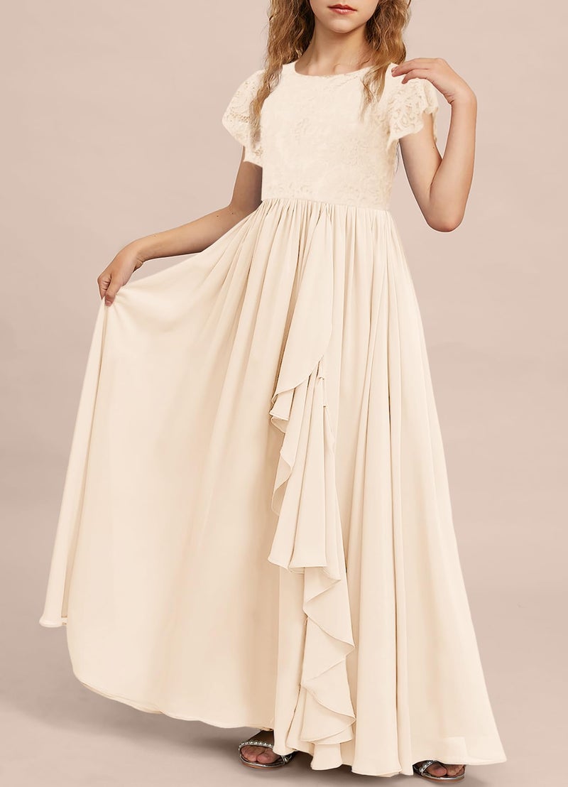 MITILLY Girls Lace Flower Maxi Dress Ruffle Sleeve A-Line Flowy Junior Bridesmaid Chiffon Dresses for Wedding Party 12 Years Cream - Image 4