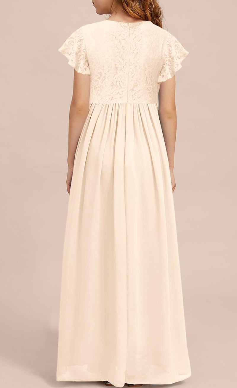 MITILLY Girls Lace Flower Maxi Dress Ruffle Sleeve A-Line Flowy Junior Bridesmaid Chiffon Dresses for Wedding Party 12 Years Cream - Image 5