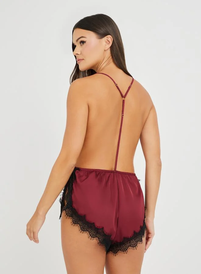 Styli Burgundy Eyelash Lace Edge Teddy for Women | Best Price UAE