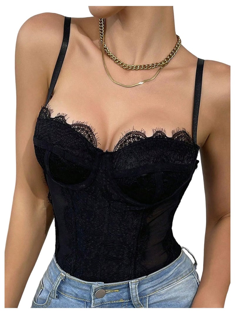 SweatyRocks Women's Lace Corset Shapewear Bodysuits Backless Sleeveless Thong Bodysuit Shirt Tops Black Medium - Image 1