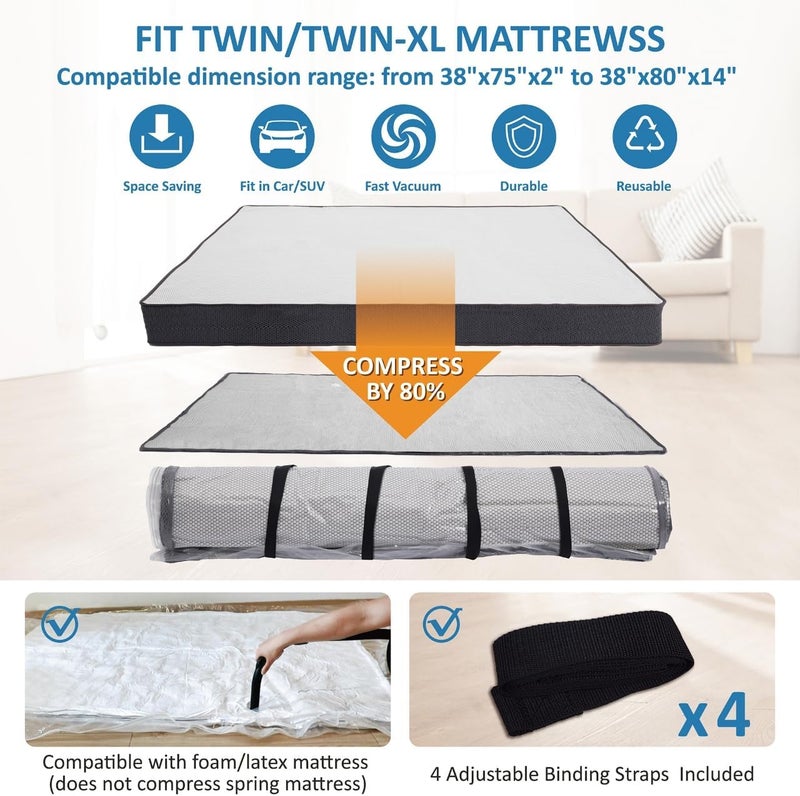 Storage Logic Twin/Twin XL Foam Mattress Vacuum Bag for Moving, Mattress Vacuum Seal Storage Bag with Straps - Image 2